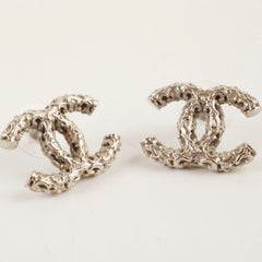 Chanel Large Textured CC Silver Stud Earrings