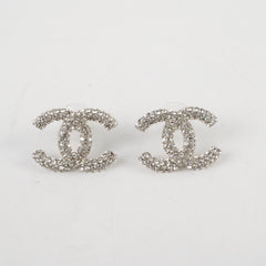 Chanel Silver Crystal CC Stud Earrings