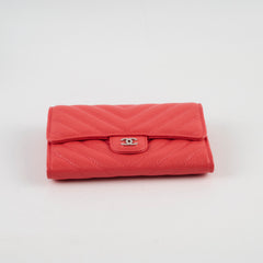 Chanel Chevron Caviar Classic Flap Wallet Coral Red
