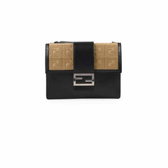 Fendi Leather Zucca Flat Baguette Messenger Bag Black/Beige