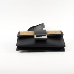 Fendi Leather Zucca Flat Baguette Messenger Bag Black/Beige