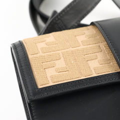 Fendi Leather Zucca Flat Baguette Messenger Bag Black/Beige