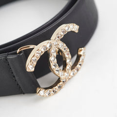 Chanel Gold Rhinestone Black Belt Size 80cm