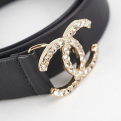 Chanel Gold Rhinestone Black Belt Size 80cm