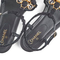 Chanel Tweed Interlocking CC Flat Sandal 37.5 Black