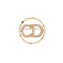 Christian Dior CD Gold Rhinestone Pearl Brooch Costume Jewellery
