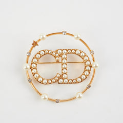 Christian Dior CD Gold Rhinestone Pearl Brooch Costume Jewellery