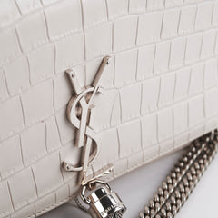 Saint Laurent Small Kate Tassel White Croc Wallet on Chain