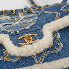 Chanel Denim Shearling Hieroglyph Flap Blue