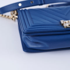 Chanel Old Medium Boy Chevron Lambskin Blue Bag