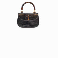 Gucci Vintage Bamboo Top Handle Crocodile Shiny Black