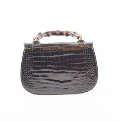 Gucci Vintage Bamboo Top Handle Crocodile Shiny Black