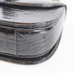Gucci Vintage Bamboo Top Handle Crocodile Shiny Black