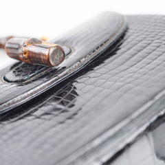 Gucci Vintage Bamboo Top Handle Crocodile Shiny Black