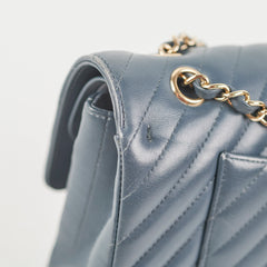 Chanel Chevron M/L Lambskin Classic Flap Dark Grey/Blue