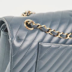 Chanel Chevron M/L Lambskin Classic Flap Dark Grey/Blue