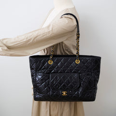 Chanel Shiny Large Front Pocket Calfskin Tote Black