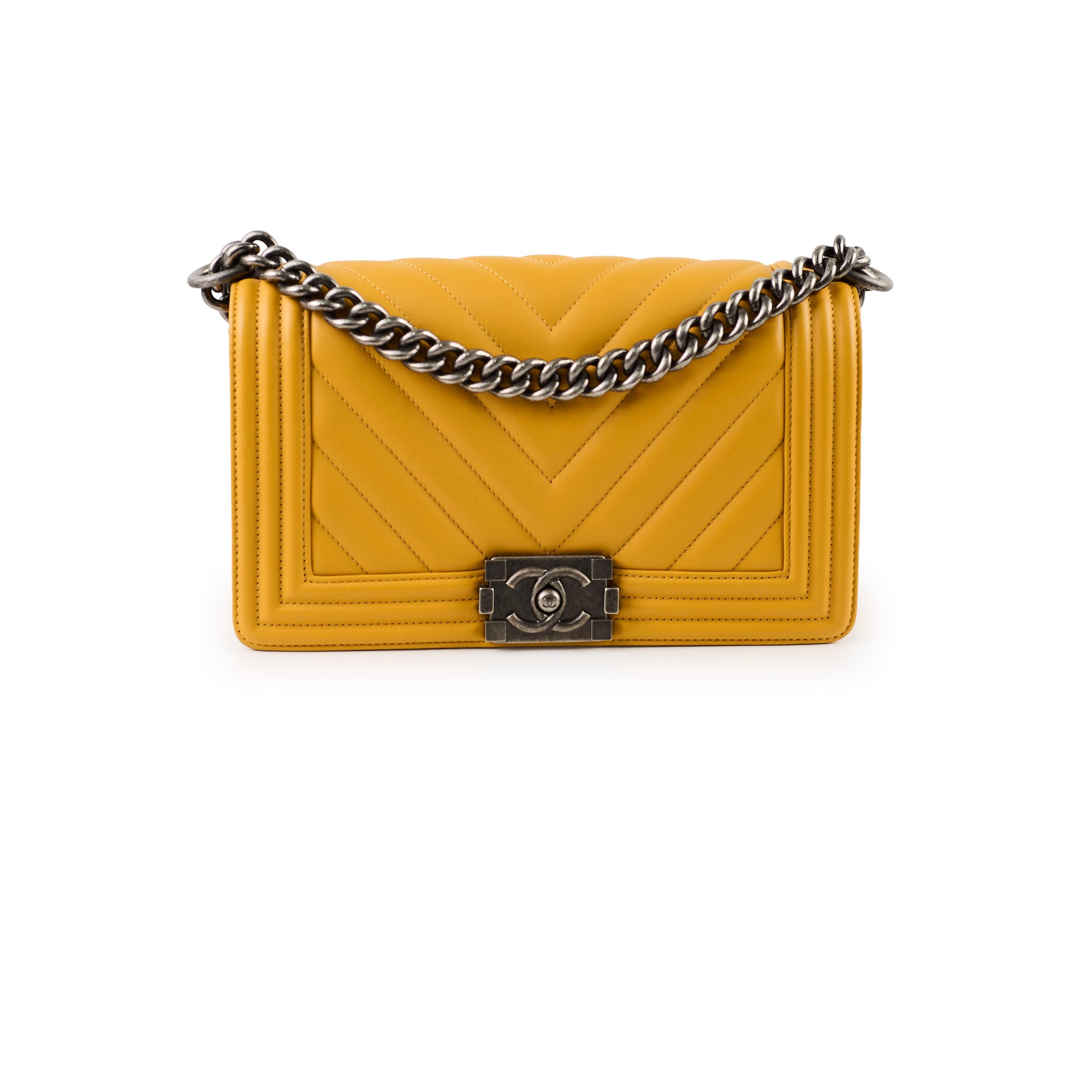 Chanel Old Medium Chevron Boy Bag in mustard yellow lambskin with ruthenium hardware and structured crossbody shape