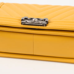 Chanel Old Medium Chevron Boy Bag Mustard Yellow Lambskin
