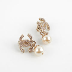 Chanel Coco Logo Clip On Pink Rhinestone Pearl Drop Earrings Costume Jewellery