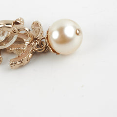Chanel Coco Logo Clip On Pink Rhinestone Pearl Drop Earrings Costume Jewellery