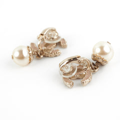 Chanel Coco Logo Clip On Pink Rhinestone Pearl Drop Earrings Costume Jewellery