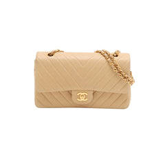 Chanel Chevron Lambskin Double Flap 24k Gold Classic Flap Beige
