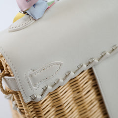 Hermes Mini Picnic Kelly 20 Swift leather / Woven wicker White/Beige - U stamp with Twilly