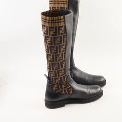 Fendi Zucca Leather Riding Boots Black/Brown Size 39
