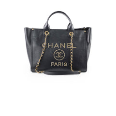 Chanel Small Leather Studded Deauville Black Caviar Leather