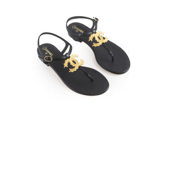 Chanel CC Leaf Thong Sandals Black Size 39
