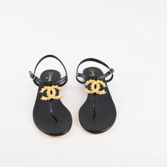 Chanel CC Leaf Thong Sandals Black Size 39