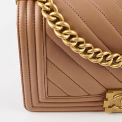 Chanel Medium Lambskin Chevron Old Boy Beige