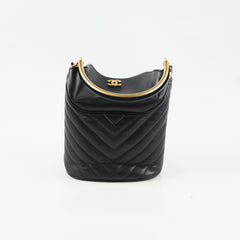 Chanel Chevron Quilted Top Handle Bucket Bag Black