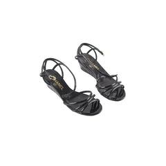 Chanel Wedge Sandals Black Patent Shoes Size 37.5