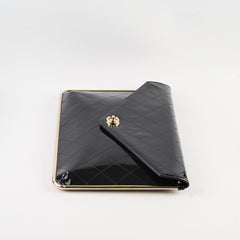 Chanel Large Black Patent Metal Frame Clutch (microchip)