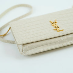 Saint Laurent Cassandra Phone Holder Croc Embossed Cream