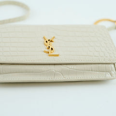 Saint Laurent Cassandra Phone Holder Croc Embossed Cream