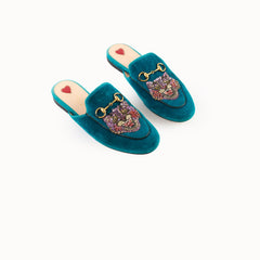 Gucci Teal Velvet Embroidered Princetown Loafers 35.5