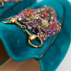 Gucci Teal Velvet Embroidered Princetown Loafers 35.5