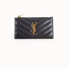 YSL Saint Laurent zip card holder chevron black