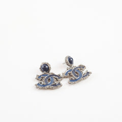 Chanel Navy Enamel CC Strass Drop Stud Earrings