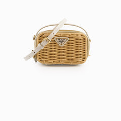 Prada Mini Wicker and Leather Pouch Tan/White