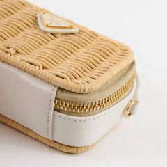 Prada Mini Wicker and Leather Pouch Tan/White