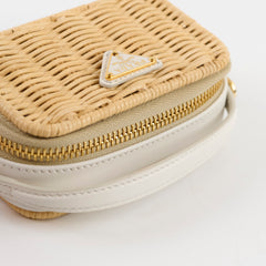 Prada Mini Wicker and Leather Pouch Tan/White