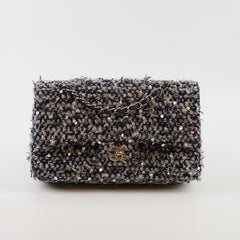 Chanel Medium Flower Sequined Tweed Flap Navy/Grey