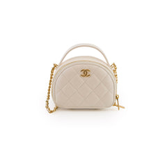 Chanel Handle with Care Quilted Round Vanity Case Lambskin White