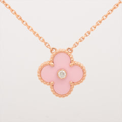 Van Cleef & Arpels Vintage Alhambra Pink Porcelain Sable with Diamond Holiday Limited Edition Necklace