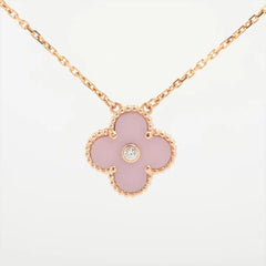 Van Cleef & Arpels Vintage Alhambra Holiday Pendant Pink Porcelain Diamond Necklace