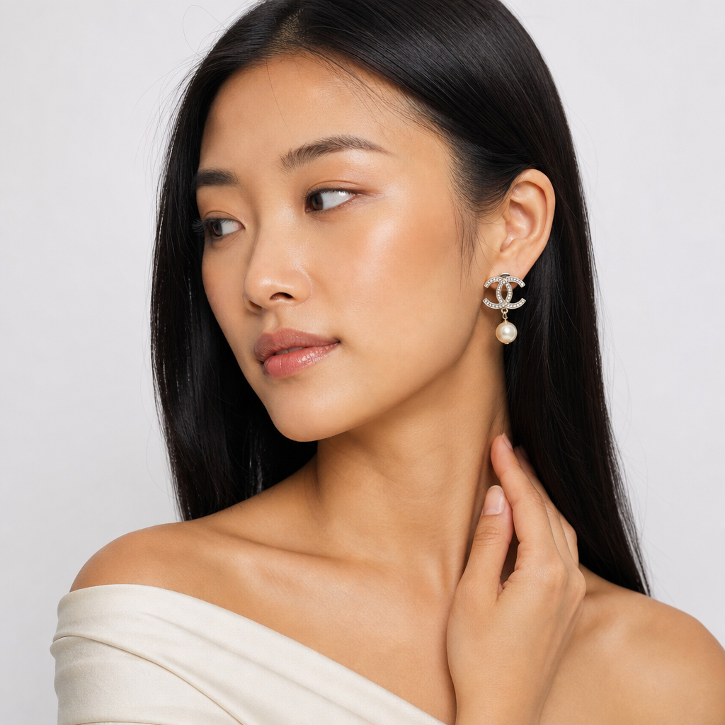 Chanel CC Crystal Pearl Drop Earrings Costume Jewelery - On model